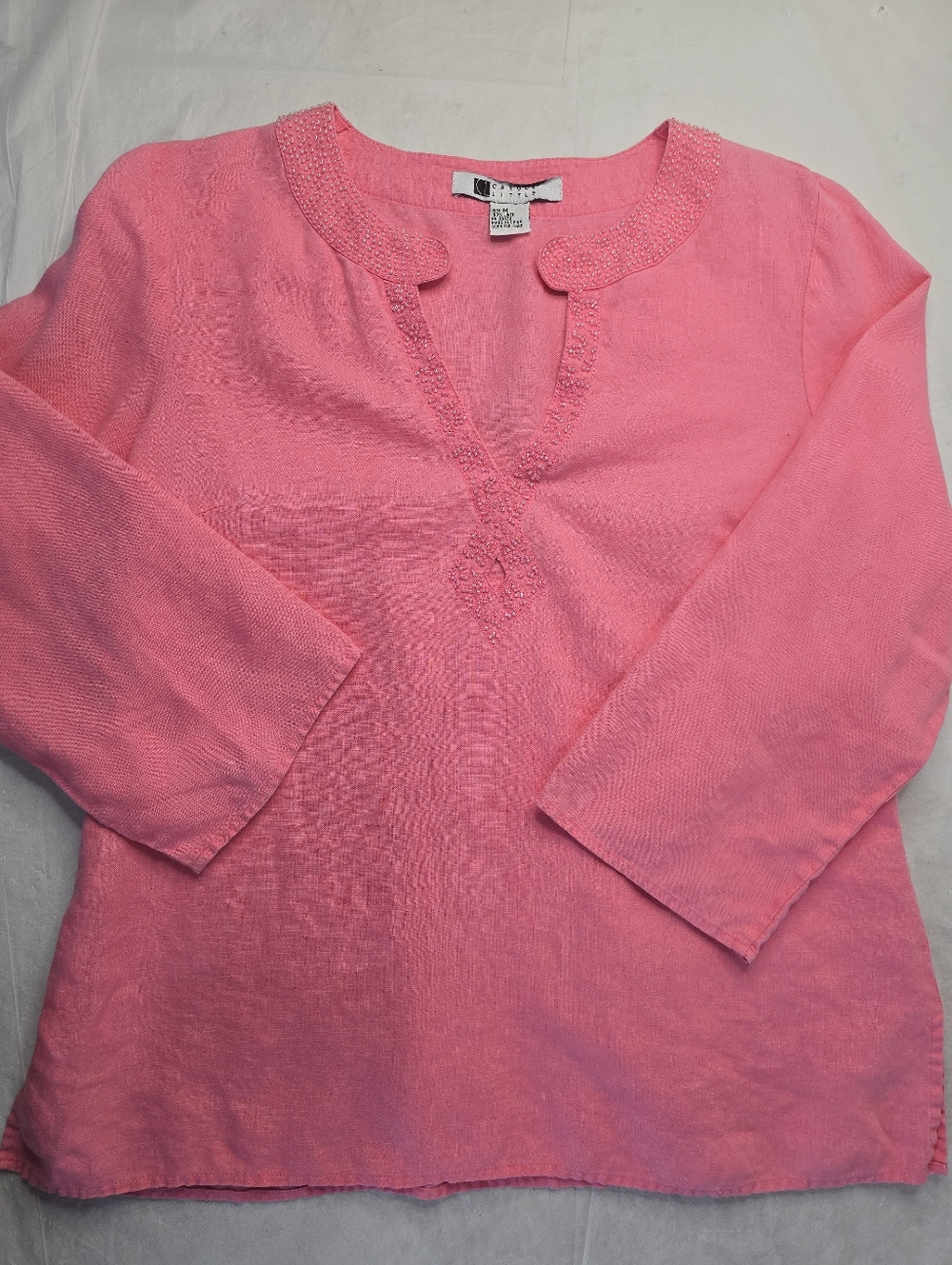 Carole Little Linen Beaded Top Pink V-neck 3/4 Sleeve Resort Blouse M